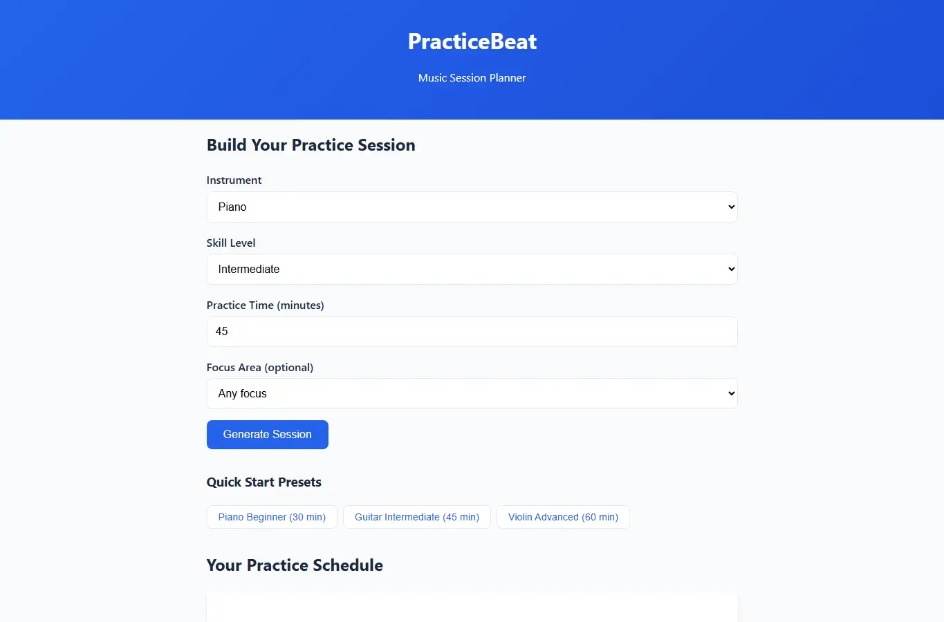 Screenshot of PracticeBeat: Music Session Planner interface showing the project page in use